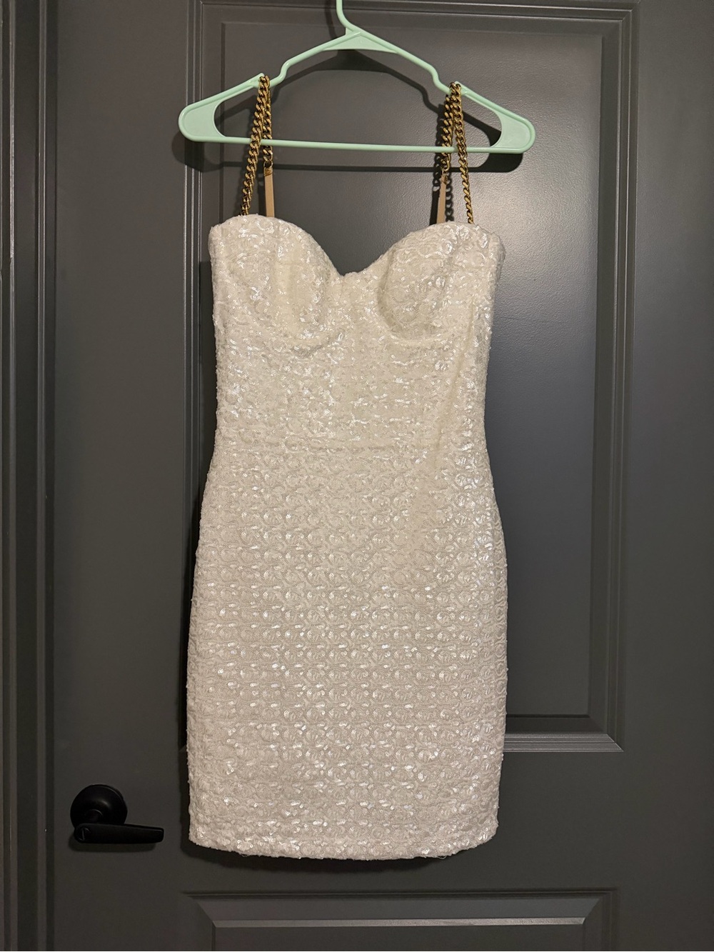 NADINE MERABI Ivory Lara Sequin Mini Dress with Gold Chain Straps